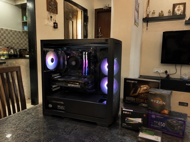 A PC upgraded at a customer’s home with a new graphics card, motherboard and power supply