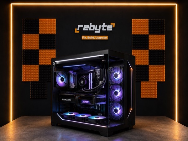 A white custom PC build lit up on the Rebyte workshop wall
