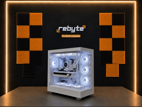 A custom PC build assembled on the Rebyte workshop bench