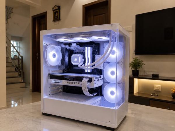 A finished white custom PC build powered on in a customer’s living room